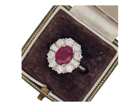 Ruby & Diamond Vintage Platinum Cluster Ring 1.50ct 2.00ct Ruby