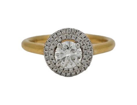 Diamond Solitaire Double Row Halo 18ct Yellow Gold 0.62ct F-G Colour Vs Brilliant Cut