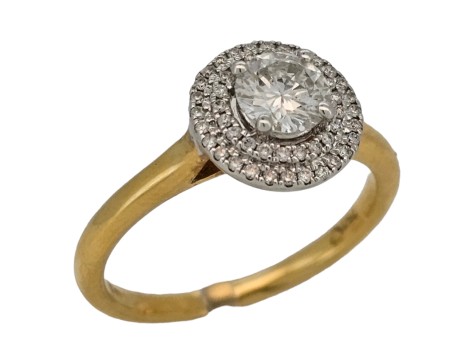 Diamond Solitaire Double Row Halo 18ct Yellow Gold 0.62ct F-G Colour Vs Brilliant Cut