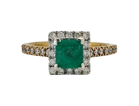 Colombian Emerald & Diamond Halo Cluster Ring 18ct Yellow Gold Square Head