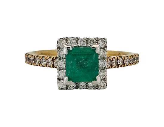 Colombian Emerald & Diamond Halo Cluster Ring 18ct Yellow Gold Square Head