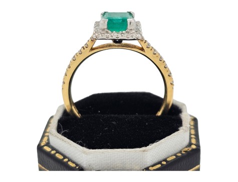 Colombian Emerald & Diamond Halo Cluster Ring 18ct Yellow Gold Square Head