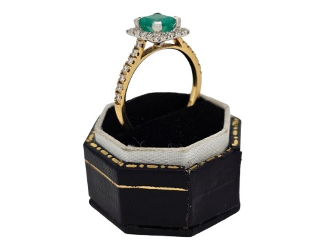 Colombian Emerald & Diamond Halo Cluster Ring 18ct Yellow Gold Square Head