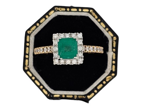 Colombian Emerald & Diamond Halo Cluster Ring 18ct Yellow Gold Square Head