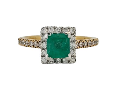 Colombian Emerald & Diamond Halo Cluster Ring 18ct Yellow Gold Square Head