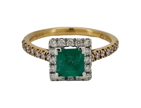 Colombian Emerald & Diamond Halo Cluster Ring 18ct Yellow Gold Square Head