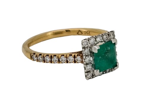 Colombian Emerald & Diamond Halo Cluster Ring 18ct Yellow Gold Square Head