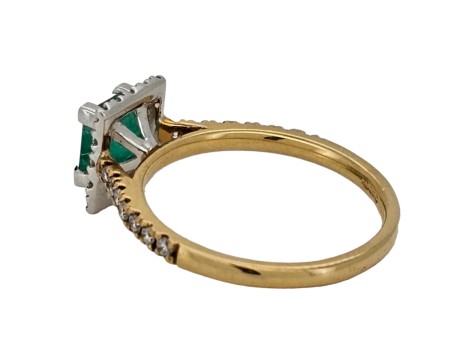 Colombian Emerald & Diamond Halo Cluster Ring 18ct Yellow Gold Square Head