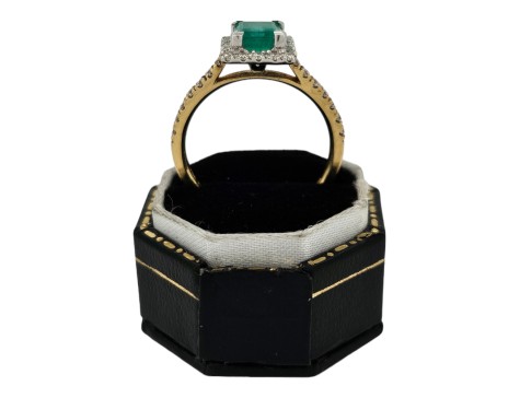 Colombian Emerald & Diamond Halo Cluster Ring 18ct Yellow Gold Square Head