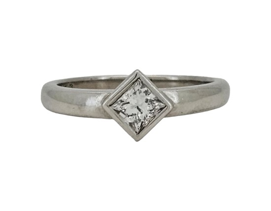 Diamond Solitaire Ring Platinum Bezel Rub-over Set Princess Cut 0.40ct F-G Colour Vs-Si Clarity 