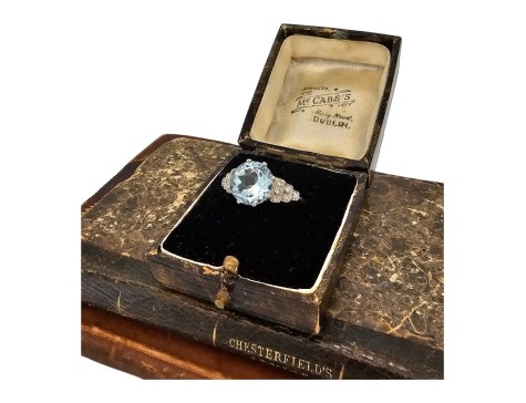 Topaz & Diamond Platinum set Solitaire Dress Ring Art Deco Inspired 