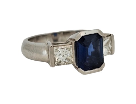 Sapphire & Diamond Three Stone Ring 18ct White Gold Art Deco Style 1.00ct Diamond 2.50ct Emerald Cut Sapphire 