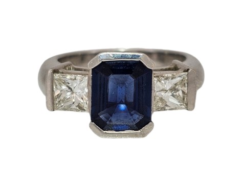 Sapphire & Diamond Three Stone Ring 18ct White Gold Art Deco Style 1.00ct Diamond 2.50ct Emerald Cut Sapphire 