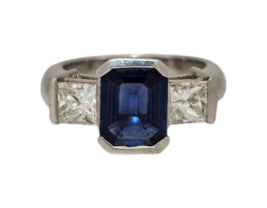 Sapphire & Diamond Three Stone Ring 18ct White Gold Art Deco Style 1.00ct Diamond 2.50ct Emerald Cut Sapphire 