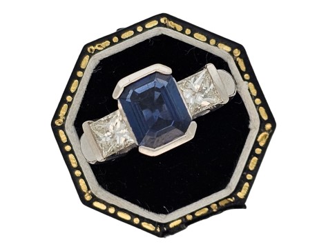 Sapphire & Diamond Three Stone Ring 18ct White Gold Art Deco Style 1.00ct Diamond 2.50ct Emerald Cut Sapphire 