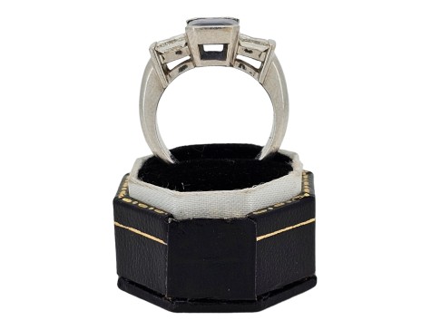 Sapphire & Diamond Three Stone Ring 18ct White Gold Art Deco Style 1.00ct Diamond 2.50ct Emerald Cut Sapphire 