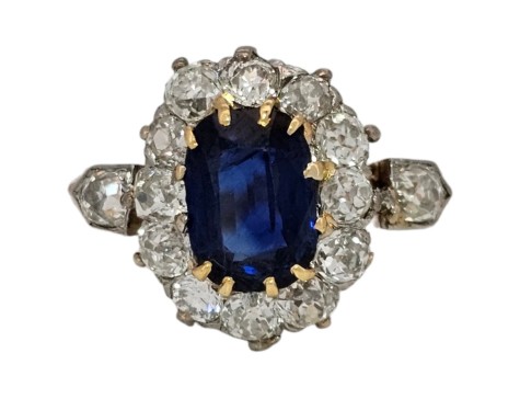 Sapphire & Diamond Antique 1880's Cluster Ring 1.50ct Sapphire 1.50ct Old Cut Diamonds 