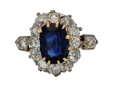 Sapphire & Diamond Antique 1880's Cluster Ring 1.50ct Sapphire 1.50ct Old Cut Diamonds 