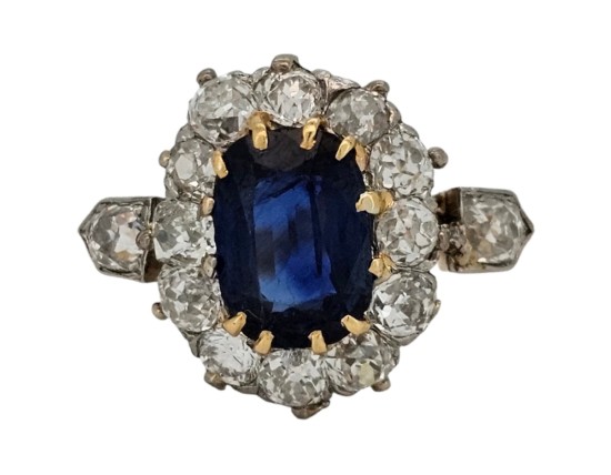 Sapphire & Diamond Antique 1880's Cluster Ring 1.50ct Sapphire 1.50ct Old Cut Diamonds 