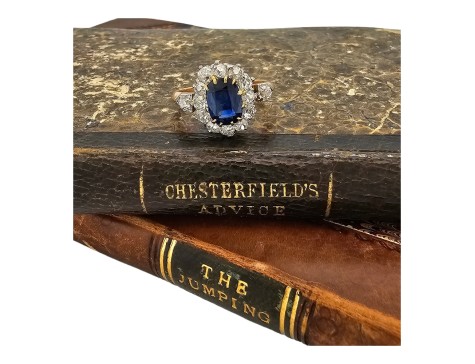 Sapphire & Diamond Antique 1880's Cluster Ring 1.50ct Sapphire 1.50ct Old Cut Diamonds 