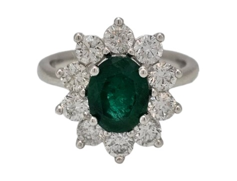 Emerald & Diamond Cluster Ring Platinum 1.57ct Emerald Oval Cut 1.53ct Diamond 