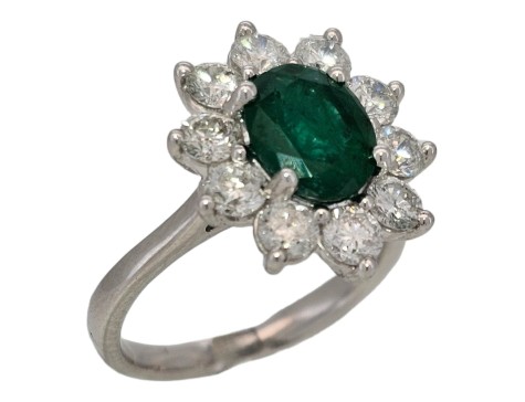 Emerald & Diamond Cluster Ring Platinum 1.57ct Emerald Oval Cut 1.53ct Diamond 