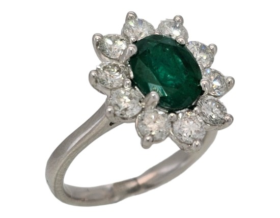 Emerald & Diamond Cluster Ring Platinum 1.57ct Emerald Oval Cut 1.53ct Diamond 