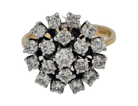 Diamond Vintage Cluster Ring 18ct Yellow Gold 1.50ct Dress Cocktail Tiered 