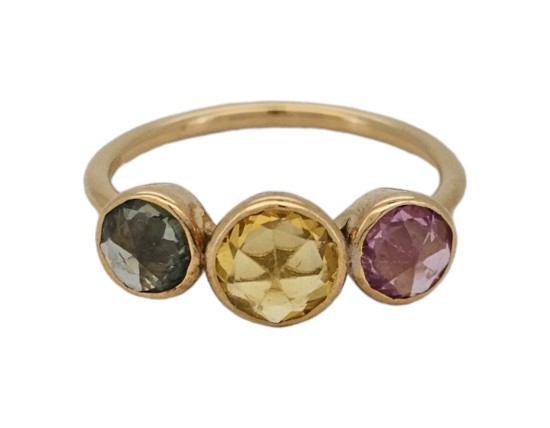 Multi Sapphire Trilogy Ring 18ct Yellow Gold inverted Brilliant Cuts Green Yellow Pink 1.50ct