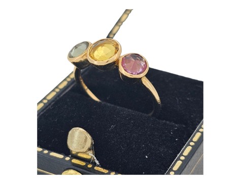 Multi Sapphire Trilogy Ring 18ct Yellow Gold inverted Brilliant Cuts Green Yellow Pink 1.50ct