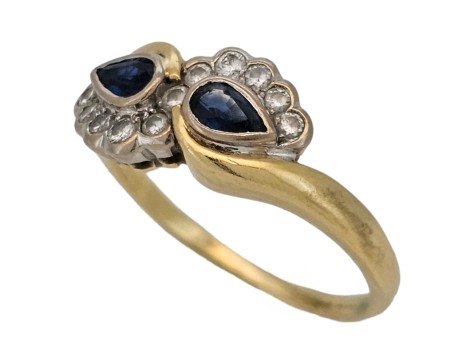 Sapphire & Diamond Crossover Twist Ring Vintage 18ct Yellow Gold Pear Cut Tear Drop Gold