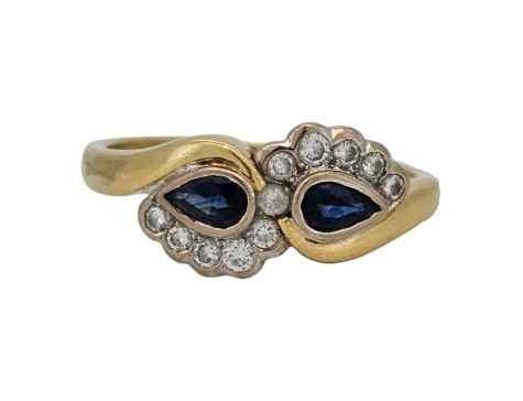 Sapphire & Diamond Crossover Twist Ring Vintage 18ct Yellow Gold Pear Cut Tear Drop Gold