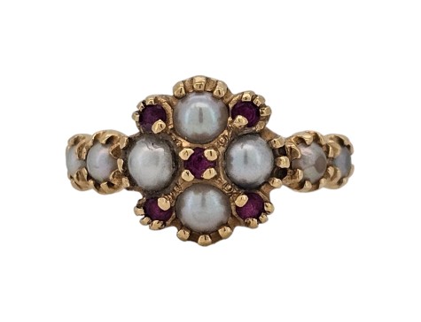 Ruby & Pearl Elizabethan Tudor Inspired Cluster Ring 14kt Yellow Gold