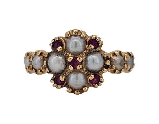 Ruby & Pearl Elizabethan Tudor Inspired Cluster Ring 14kt Yellow Gold