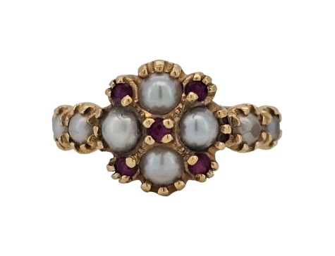 Ruby & Pearl Elizabethan Tudor Inspired Cluster Ring 14kt Yellow Gold