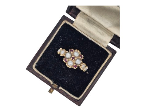 Ruby & Pearl Elizabethan Tudor Inspired Cluster Ring 14kt Yellow Gold