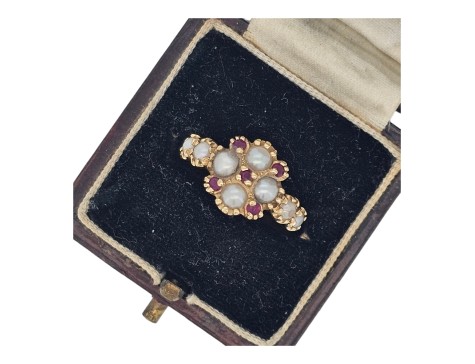Ruby & Pearl Elizabethan Tudor Inspired Cluster Ring 14kt Yellow Gold