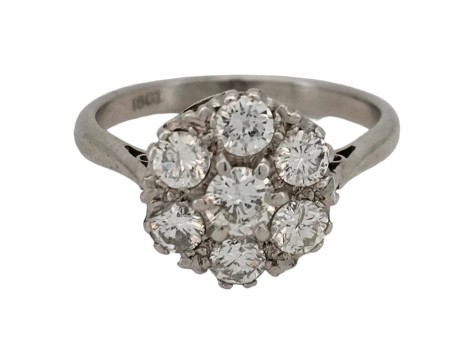 Diamond Seven Stone Cluster Ring 18ct White Gold Traditional Vintage 1.25ct 