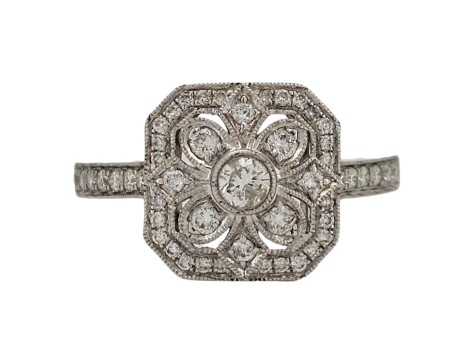 Diamond Floral Cluster Ring 18ct White Gold Art Nouveau Edwardian Inspired 