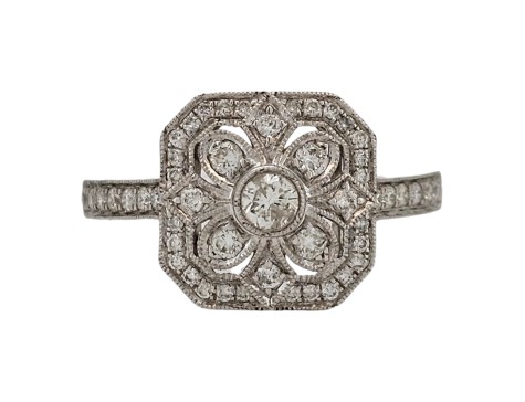 Diamond Floral Cluster Ring 18ct White Gold Art Nouveau Edwardian Inspired 