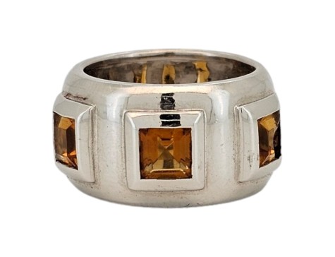 Golden Citrine Set Wide Band Dress Statement Ring 18ct White Gold 