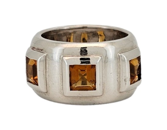 Golden Citrine Set Wide Band Dress Statement Ring 18ct White Gold 