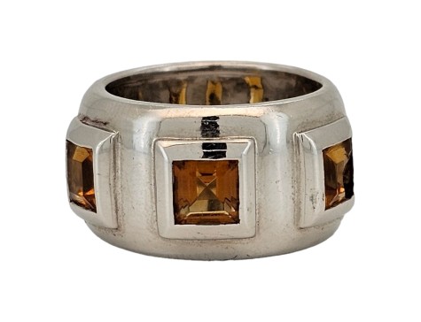 Golden Citrine Set Wide Band Dress Statement Ring 18ct White Gold 