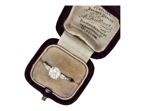 Diamond Solitaire Ring Old European Cut 1.02ct & Tapered Baguette Shoulders 18ct White Gold 1.25ct