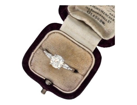 Diamond Solitaire Ring Old European Cut 1.02ct & Tapered Baguette Shoulders 18ct White Gold 1.25ct