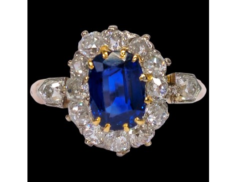 Sapphire & Diamond Antique 1880's Cluster Ring 1.50ct Sapphire 1.50ct Old Cut Diamonds 