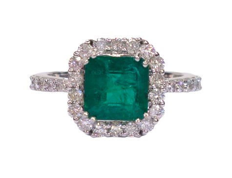 Emerald & Diamond Halo Cluster Ring 18ct White Gold 2.28ct Emerald 0.61ct Diamond 