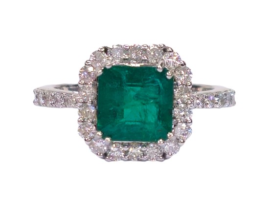 Emerald & Diamond Halo Cluster Ring 18ct White Gold 2.28ct Emerald 0.61ct Diamond 