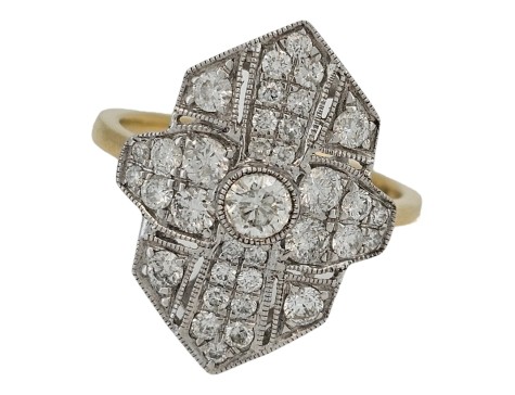 Diamond Cluster Ring Art Deco Inspired Kite 18ct Yellow Gold 1.00ct