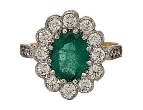 Emerald & Diamond Cluster Ring 18ct Yellow Gold Platinum 1.64ct Colombian Emerald 0.85ct Diamond Milgrain Setting 